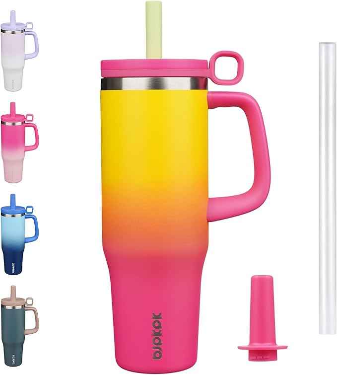 BJPKPK Insualted Tumblers with Handle and Straw 40oz Stianless Steel Travel Coffee Mug Thermal Cups with Lid,Rainbow