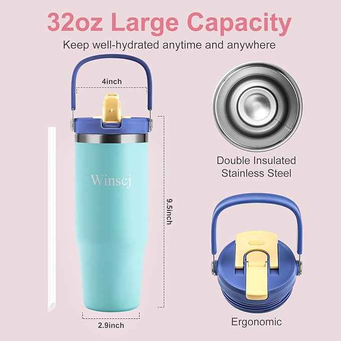 32 oz Tumbler with Handle and Flip Straw,Keep Cold or Hot,Fits in Cup Holder,Reusable Leak Proof Stainless Steel Vacuum Water Bottle,Suitable for Home Gym Trave, Easy to Carry (Cyan Blue)