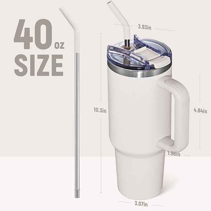 COKTIK 40 oz Tumbler With Handle and Straw, Insulated Tumbler With Leakproof Lids, Stainless Steel|BPA-Free, Cold for 24 H (Beige)