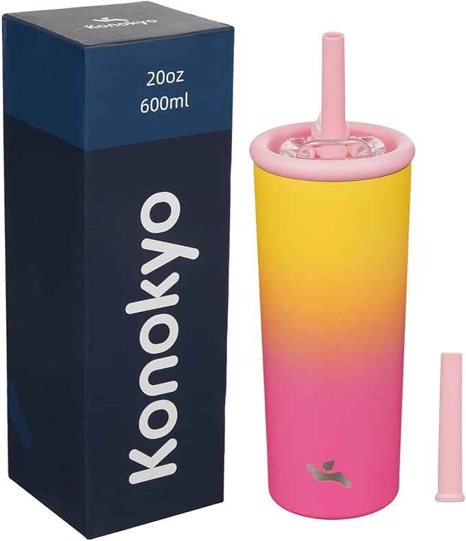 Konokyo 20oz Insulated Tumbler with Lid and Straw, Reusable Iced Coffee Cup with Lid, Travel Coffee Mug, BPA-Free, Leak-Proof and Durable, Rainbow