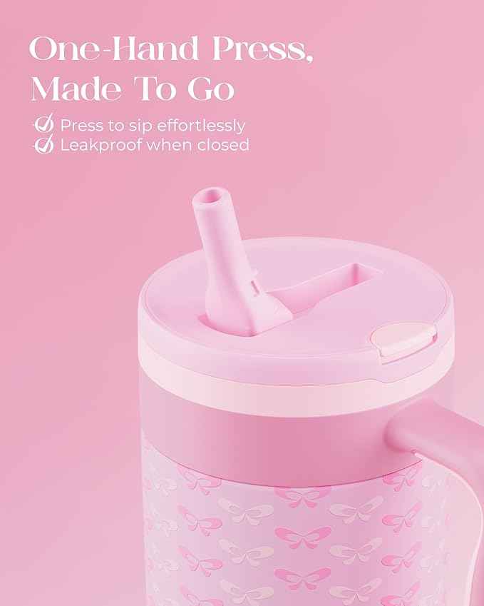 40 oz Insulated Tumbler with Handle and Push-Button Straw Lid, Stainless Steel Travel Cup for Gym Office, Leakproof, BPA-Free, Cup Holder Friendly, Bow Silicone Boot, Pink (Coquette Candy)