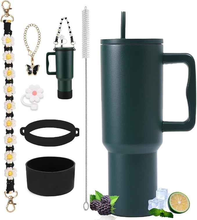 40 oz Tumbler with Handle and Straw & 6PCS Cup Accessories for 40 oz Cup - Vacuum Insulated Stainless Steel Double Wall Water Bottle Travel Coffee Mug - Holiday Gifts for Women Men (Forest)
