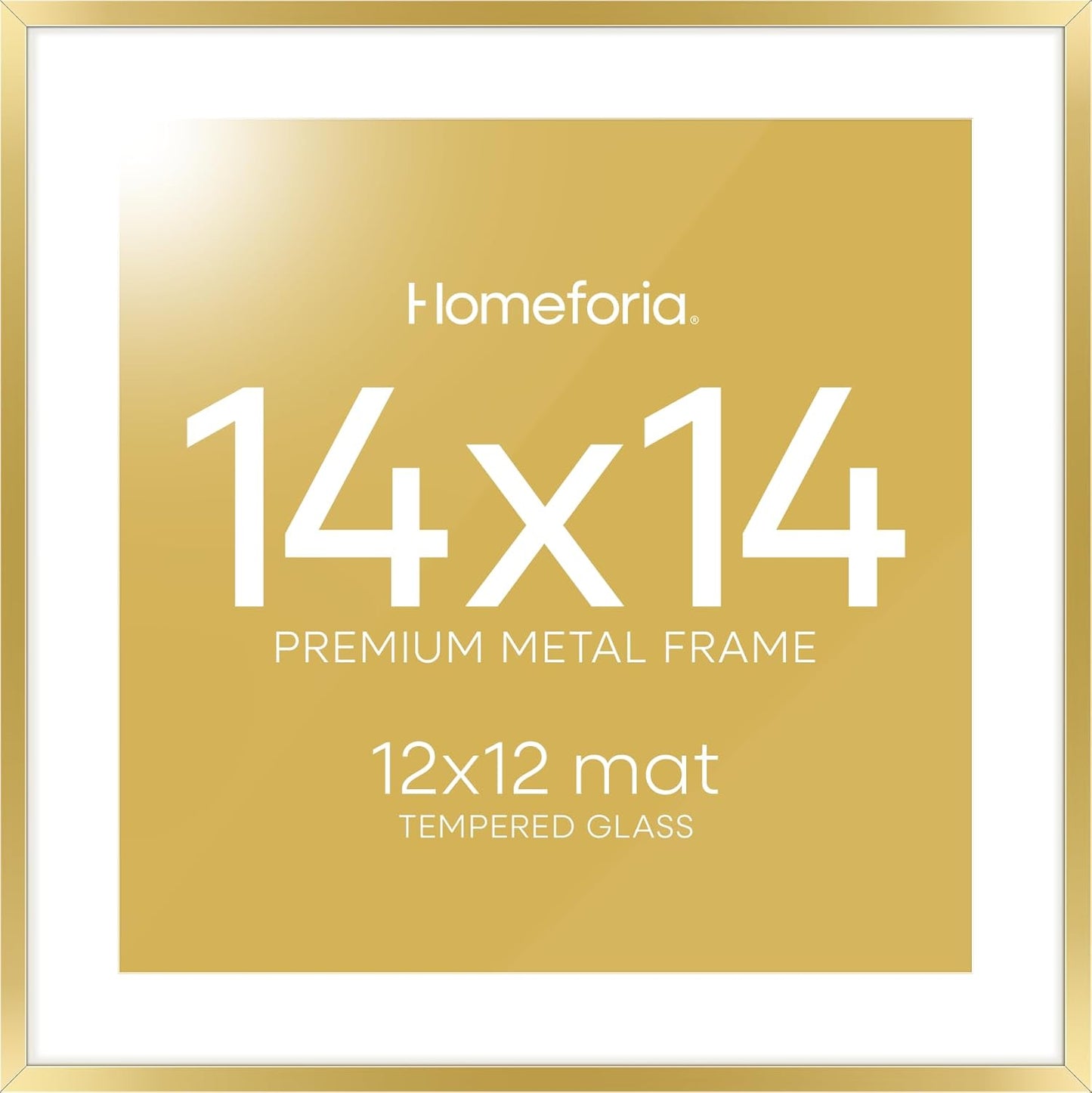 Homeforia 14x14 Picture Frame Gold, High End Metal 14 x 14 Square Poster Frame with Mat 12 x 12 Photo, 14x14 Frame Matted to 12x12 Print, 14by14 Gold Hanging Frames, Tempered Glass, Wall Kit, Set of 1