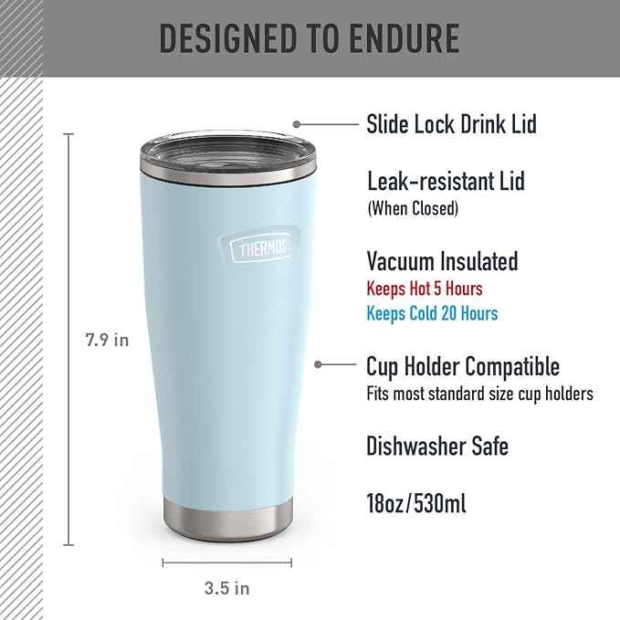 THERMOS ICON SERIES, Stainless Steel Tumbler with Slide Lock, 18 Ounce, Glacier