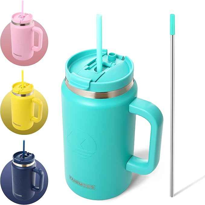 FAHRMOSIS 50 Oz Tumbler with Handle and Straw Large Insulated Tumbler Stainless Steel Travel Mug for Hot & Cold Drinks, Reusable Water Bottle with Lids and Straw - Teal