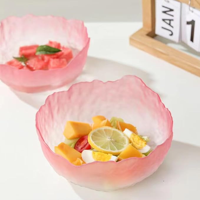 Glass Salad Bowl Irregular Lotus Flower Shape Serving Bowls, Mixing Nut Bowls for Kitchen Fruist, Snack, Dessert, and Ice Cream Candy Dishes (Crystal Gradient Pink, 6.5")