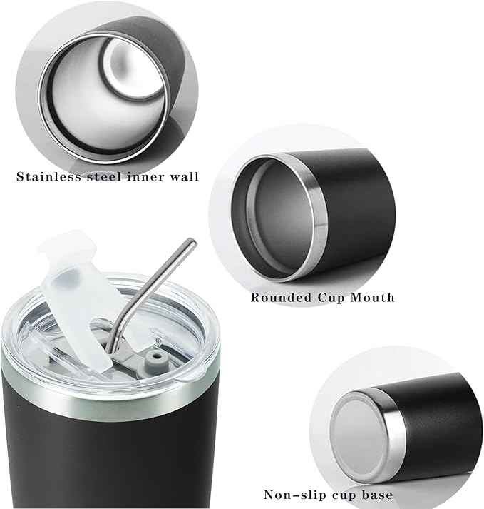20oz Stainless Steel Vacuum Insulated Travel Mug Tumbler with Lid, Reusable Coffee Cup with Straw & Cleaning Brush, Double Wall Thermal Cup for Hot/Cold Drinks (Black)