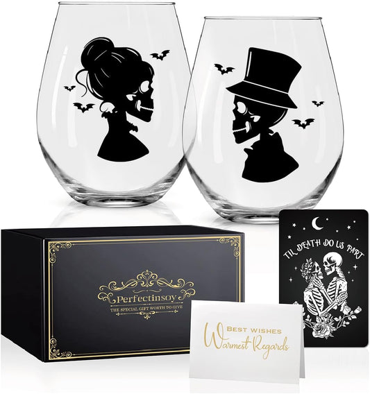 Perfectinsoy Skull Wine Glass 2 Piece with Gift Box, Till Death Skeleton Bride, Valentine's Day Halloween Anniversary Wedding Gifts for Couple Wife Husband, Couple Gifts for Boyfriend Girlfriend