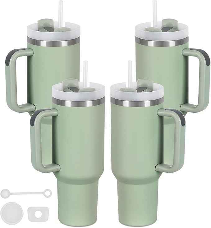 4 Pack 40 Oz Tumbler with Handle Bulk, Double Wall Vacuum Insulated Stainless Steel Tumbler with Lid and Straw, 40 oz cup with Silicone Spill Proof Stopper Set (Dark Green)