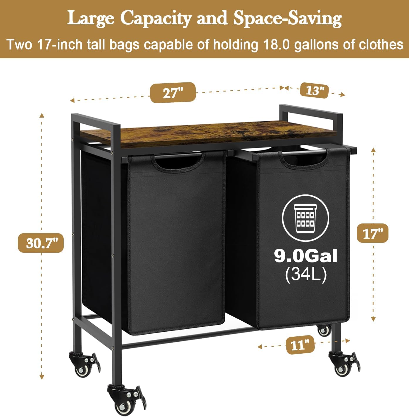 Double Laundry Hamper with Wheels & 2 Pull Out Section Removable Bags, Extra Large Dual Rolling Laundry Sorter Basket Organizer with Shelf for Bathroom, Bedroom, Laundry Room, 2 x 9Gal, Black