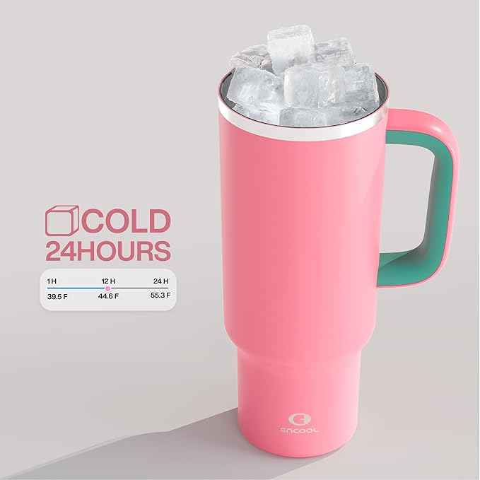 ENCOOL 40 oz Tumbler with Handle and Straw: Stainless Steel Insulated Tumbler Keeps Cold for 24 Hours, Leakproof Travel Cup Fits in Cup Holder and BPA-Free,Tulip