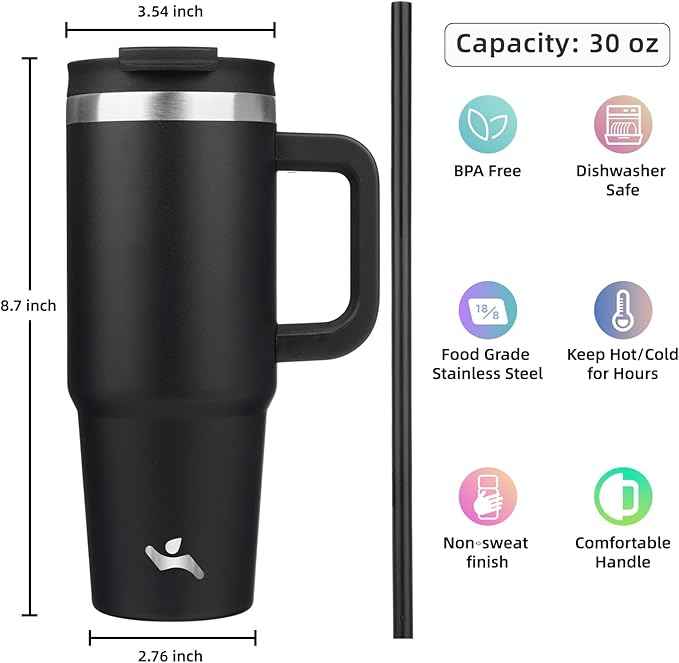 Konokyo 30 oz Tumbler with Handle and 2 Straws,2 in 1 Lid Insulated Water Bottle Stainless Steel Travel Coffee Mug,Black
