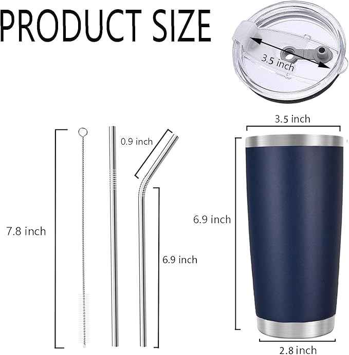 20oz Tumbler with Lid, Stainless Steel Vacuum Insulated Double Wall Travel Mug, Coffee Mug, with Straws and Straws Brush Reusable Coffee Cup (Navy Blue)