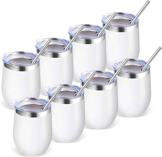 Volhoply 12oz Stainless Steel Wine Tumbler with Lid Bulk 8 Pack,Double Wall Vacuum Stemless Wine Glasses,Reusable Metal Travel Coffe Mug with Straw,Insulated Cup Gifts for Women,Christmas（White,8 Set）
