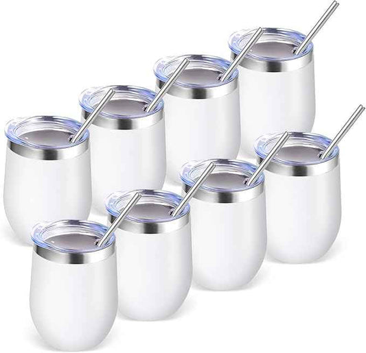 Volhoply 12oz Stainless Steel Wine Tumbler with Lid Bulk 8 Pack,Double Wall Vacuum Stemless Wine Glasses,Reusable Metal Travel Coffe Mug with Straw,Insulated Cup Gifts for Women,Christmas（White,8 Set）