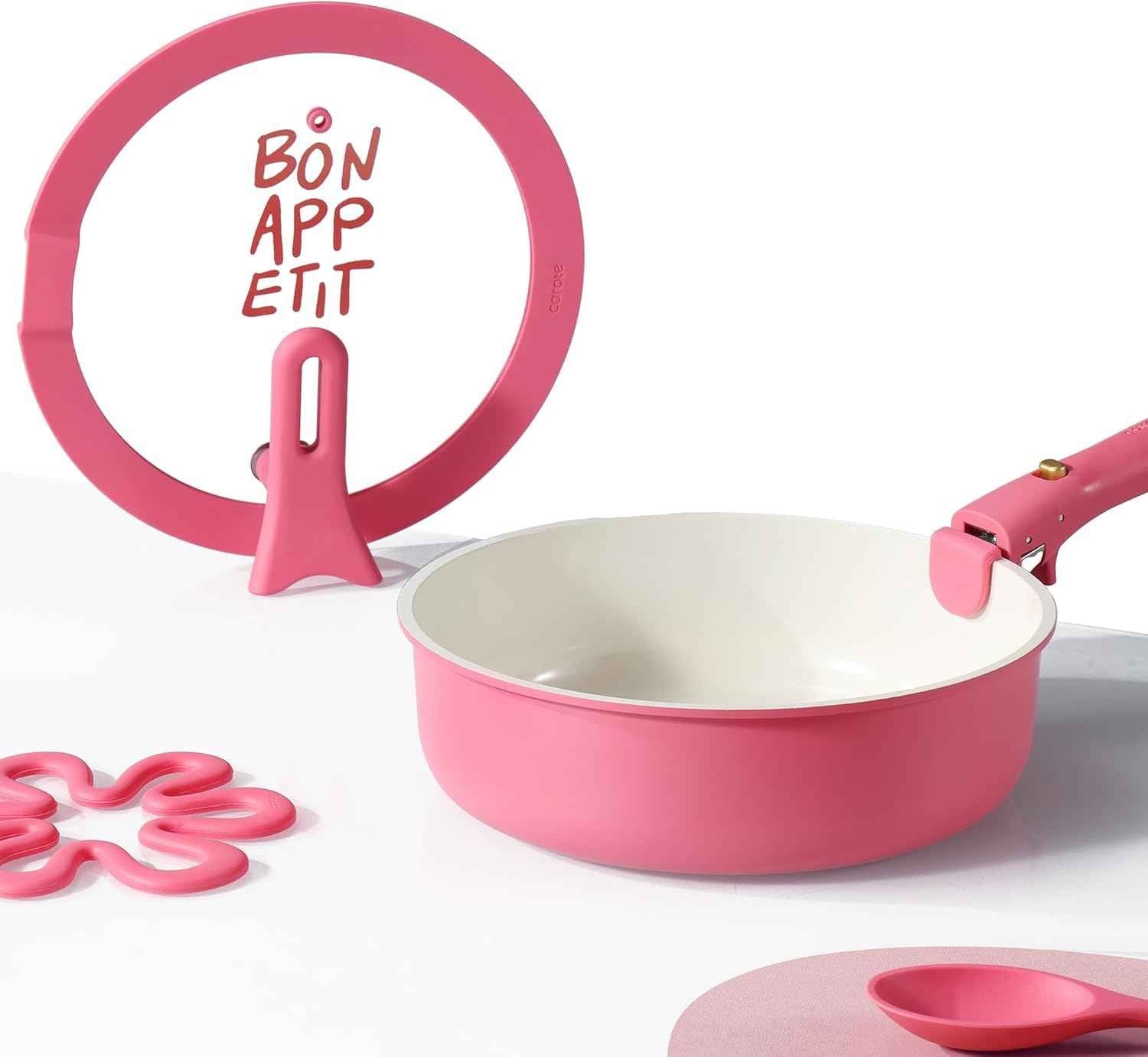 CAROTE 18Pcs Ceramic Cookware Set with Detachable Handle, Pots and Pans Set Non Stick, Non Toxic Kitchen Cooking Sets with Stand-Up Lid, PFAS and PFOA Free, Oven Safe, Induction Ready, Pink