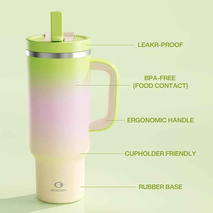 ENCOOL 40 oz Tumbler with Handle and Straw: Stainless Steel Insulated Tumbler Keeps Cold for 24 Hours, Leakproof Travel Cup Fits in Cup Holder and BPA-Free, Morning Dew