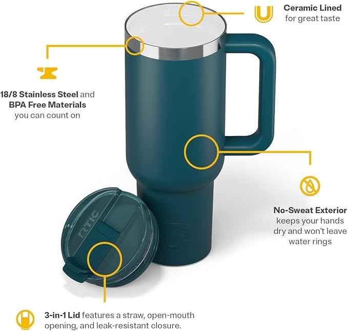 RTIC 40 oz Road Trip Tumbler Double-Walled Cermaic Lined Insulated Stainless Steel Portable Travel Coffee Mug Cup with Lid, Handle and Straw, Marine