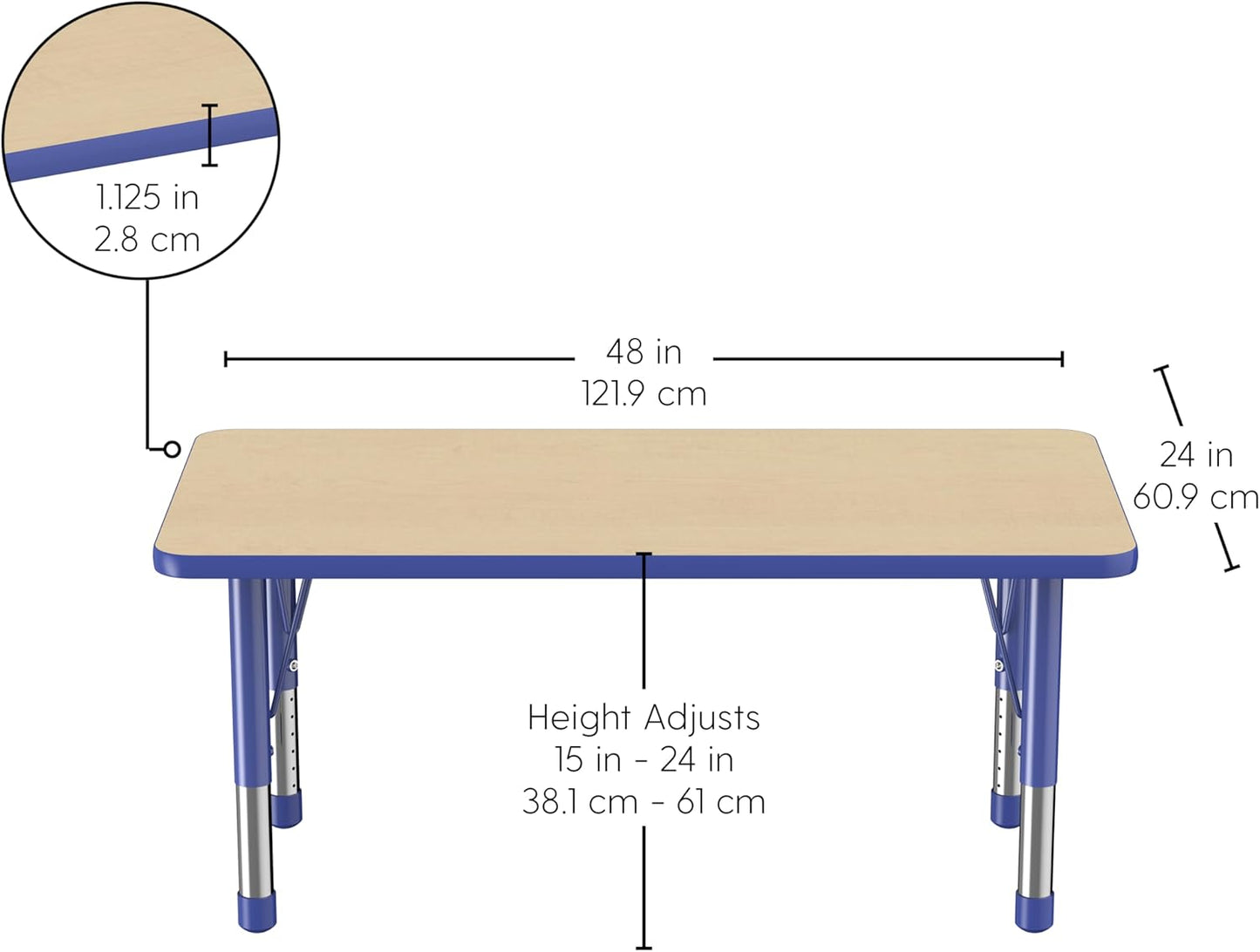 FDP Rectangle Activity School and Kids Classroom Table (24 x 48 inch), Toddler Legs, Adjustable Height 15-24 inches - Maple Top and Blue Edge