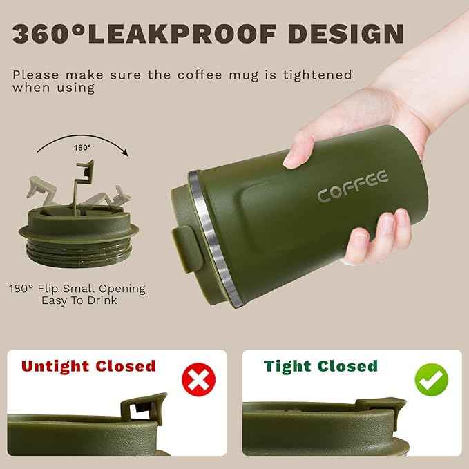 SPLMIFA Travel coffee mugs leak-proof, reusable coffee cups with lids, stainless steel vacuum insulated coffee tumblers, thermal insulation cups for men & women keep drinks hot & cold(2nd-Green, 12OZ)