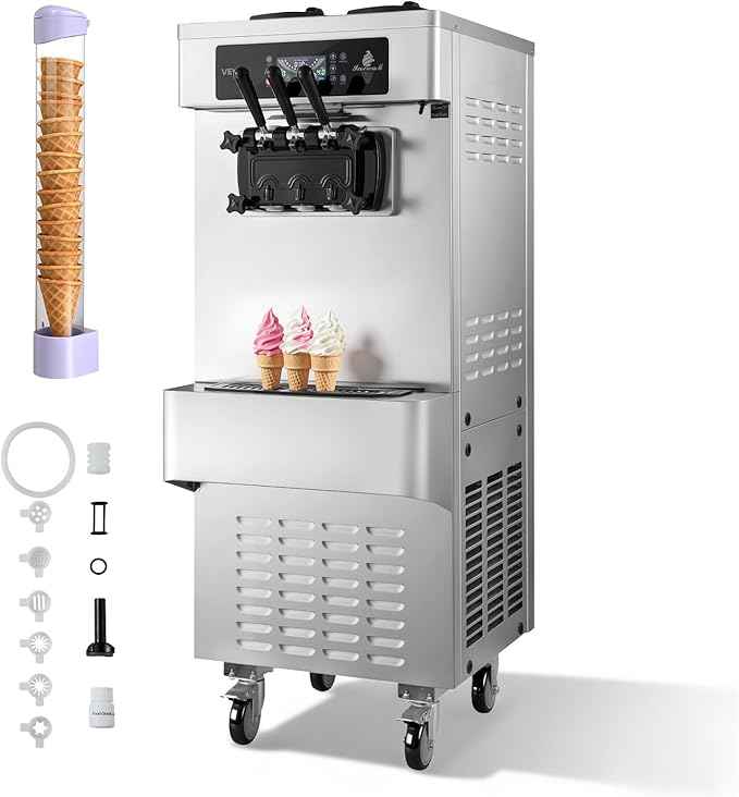 VEVOR Commercial Ice Cream Machine, 20-28L/H Yield 2200W Freestanding Soft Serve Ice Cream Maker with 3-Flavor, 2 x 6L Hoppers, Puffing Pump, Pre-Cooling Low-Mix Alert, Ideal for Snack Dessert Shop