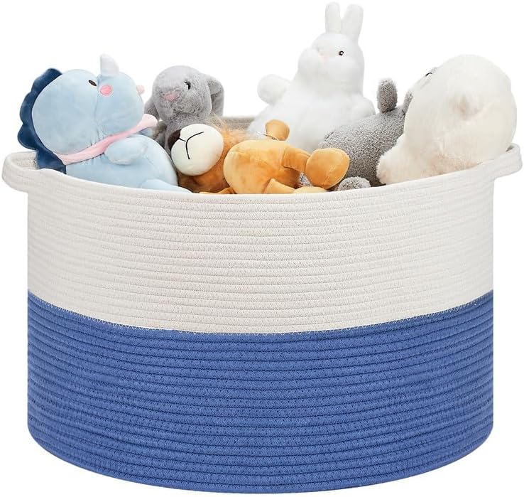 Ravinte Large Storage Basket - 22"x 22"x 14" Blanket Basket for Living Room, Baby Toy Storage Basket, Cotton Rope Basket Woven Laundry Basket (White-Blue)