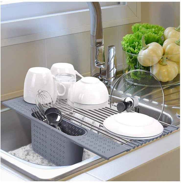 T.R. Stainless Steel Roll-Up Dish Drying Rack Over The Sink, 20" x 11", Foldable, Dishware & Utensil Holder