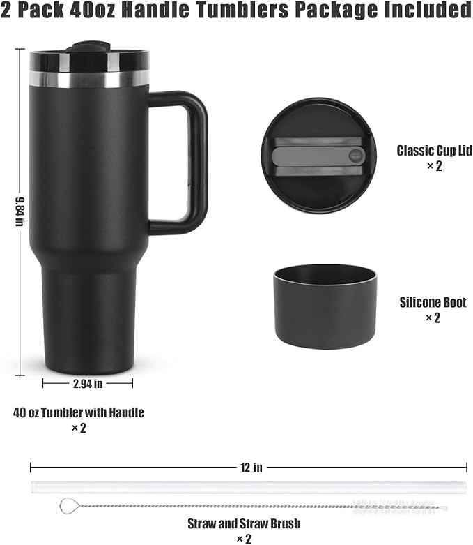 2 Pack 40 oz Tumbler with Handle and Straw Lid, Stainless Steel Double Wall Vacuum Insulated Travel Mug, Insulated Coffee Mug, with Silicone Spill Proof Stopper Set(Black)