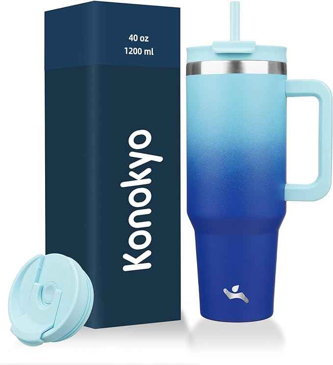 Konokyo 40 oz Tumbler with Handle and 2 Straws,2 in 1 Lid Insulated Water Bottle Stainless Steel Travel Coffee Mug,Sky