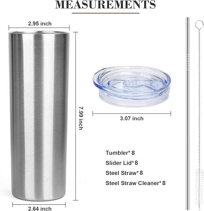 20 oz Skinny Tumblers with Lid and Straw,Stainless Steel Vacuum Insulated Tumbler Cup Double Wall Travel Coffee Mug, Thermal Water Tumbler for Hot and Cold Drinks(Silver,8)