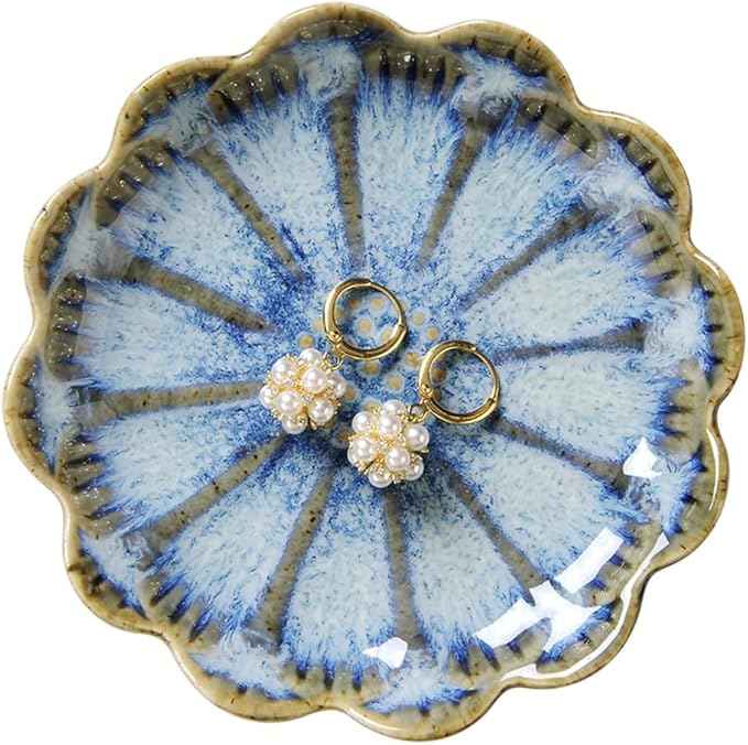 Lotus Ring Holder Dish Small Indoor Ash Tray, Ceramic Dessert Plate Trinket Jewelry Holder Organizing Necklace Earrings for Parents Friends Sister, All Jewelries Are NOT Included, Retro Blue.