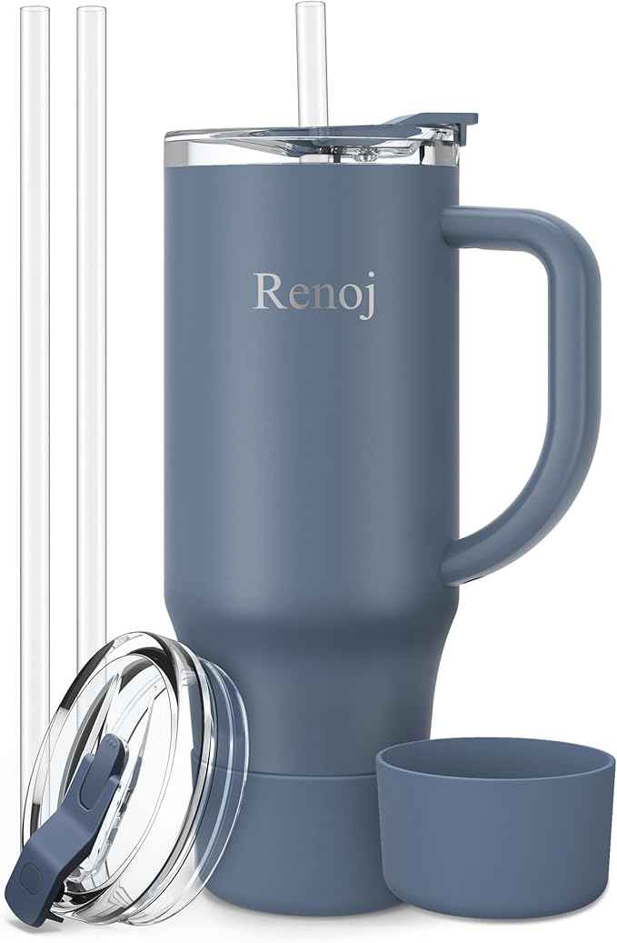 Renoj Insulated Mug 100% Leak Proof Insulated Water Bottle for Iced Coffee & Hot Drinks - Fits Car Cup Holder, Ideal Gift, 2 Straws & Silicone Boot - SnapShift Pink 40 oz