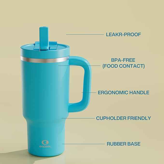 32 oz Tumbler with Handle and Straw: Stainless Steel Insulated Tumbler Keeps Cold for 24 Hours, Leakproof Travel Cup Fits in Cup Holder and BPA-Free,Azure Blue