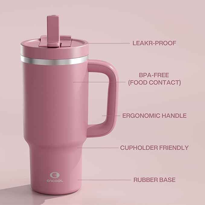 ENCOOL 32 oz Tumbler with Handle and Straw: Stainless Steel Insulated Tumbler Keeps Cold for 24 Hours, Leakproof Travel Cup Fits in Cup Holder and BPA-Free,Turkish Rose