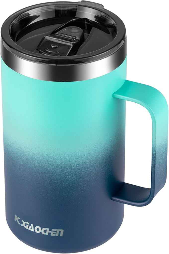 KXIAOCHEN 20oz Insulated Coffee Mug with Lid, Stainless Steel Coffee Cup, Double Wall Vacuum Coffee Tumbler with Handle, Premium Thermal Travel Coffee Mug (Green+navy)