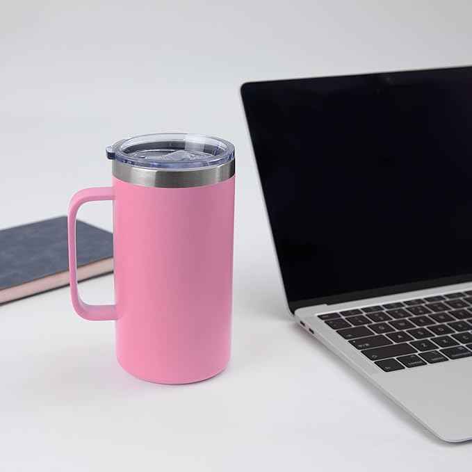 DOMICARE 24oz Mug with Handle and Lid, Stainless Steel Coffee Mug, Reusable Insulated Cup, Travel Mug with Handle, Double Wall Vacuum Coffee Tumbler for Men and Women, Pink, Pack 1