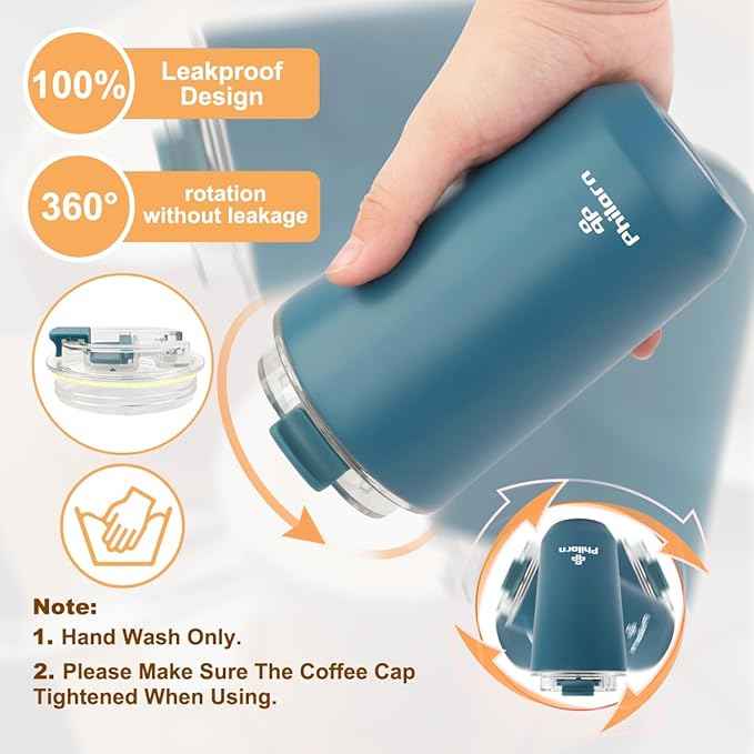 PHILORN Coffee Mug with Lid, 12 OZ Travel Mug, Leak-proof to go Coffee Mug, Stainless Steel Thermal Coffee Mug with Double Wall, Insulated Coffee Tumbler for Men and Women for Hot & Cold Drinks, P922