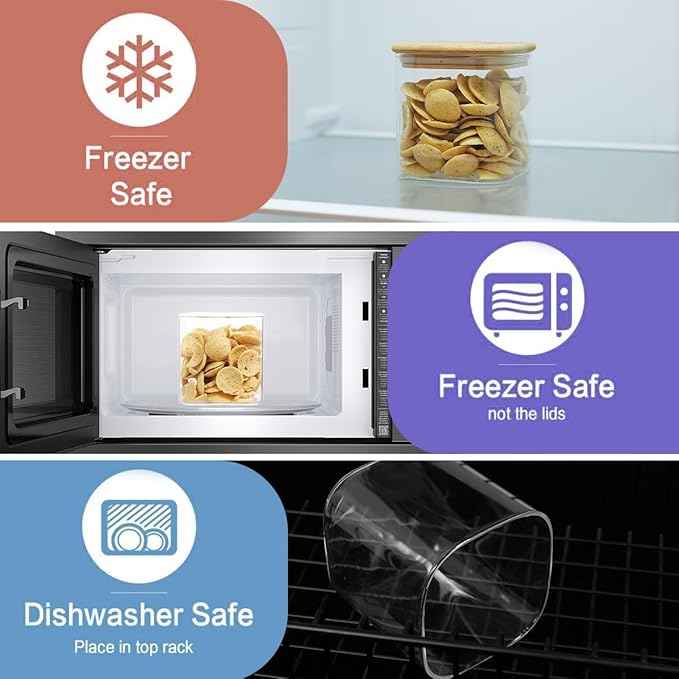 6 Pack Square Glass Pantry Storage Containers with 132 Kitchen Food Pantry Labels - 24 floz Clear Glass Pantry Jars with Airtight Wood Bamboo Lids - Glass Canisters for Sugar, Cereal, Coffee, Spice