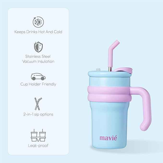 17oz Tumbler With Handle & Metal Straw + Silicone Cover & Sip Spout, Double Insulated Stainless Steel Water Bottle With Rubber Base, Leakproof, Cup Holder Friendly Travel Coffee Mug (Blue)