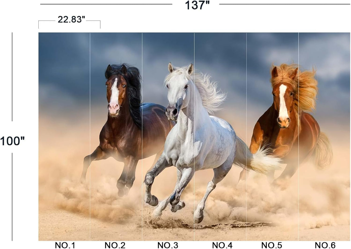 Three Running Horses Chinoiserie Wall Mural Wallpaper for Bedroom 137" x 100"