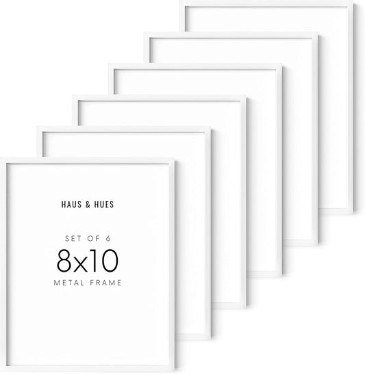 HAUS AND HUES Picture Frames Set of 6, 8x10 inches (White Aluminum, Powder Coated, Modern Style, Lightweight, Acrylic Cover, Wall Mount)