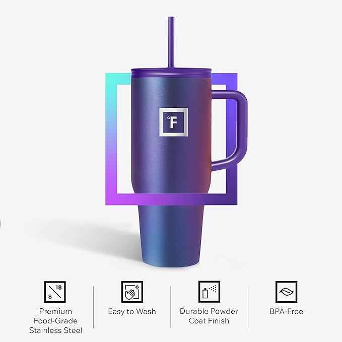 IRON °FLASK Co-Pilot Insulated Mug w/Straw & Flip Cap Lids - Cup Holder Bottle for Hot, Cold Drink - Leak-Proof - Water, Coffee Portable Travel Mug - Cashmere Cream, 32 Oz