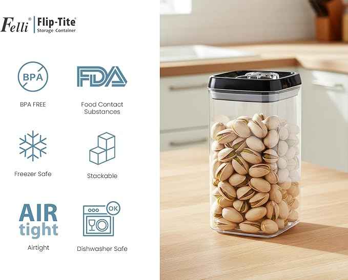 Felli Flip Tite Food Storage Container with Lid Airtight 4" Ring Seal Flip Top, Stackable Acrylic Canister Jar for Pantry Kitchen Counter, Snack Coffee Bean Granola Pet Treats Cracker Holder (1.2 L)