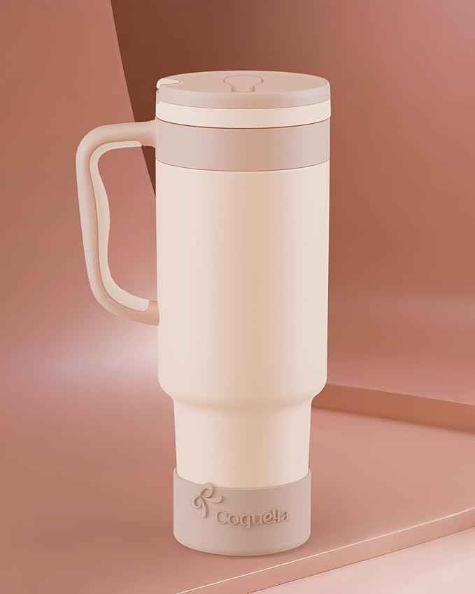 40 oz Insulated Tumbler with Handle and Push-Button Straw Lid, Stainless Steel Travel Cup for Gym Office, Leakproof, BPA-Free, Cup Holder Friendly, Bow Silicone Boot, Beige (Cream Latte)