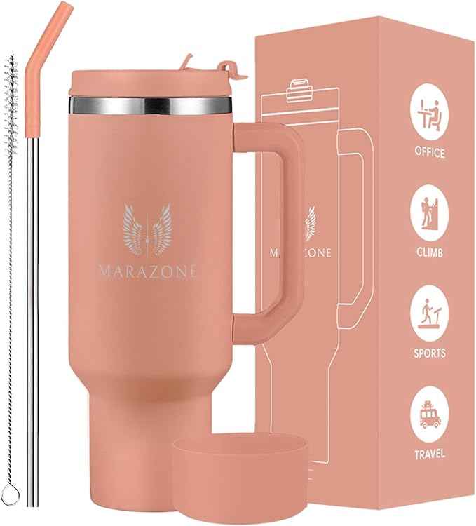 MARAZONE 40oz Stainless Steel Travel Tumbler Cup with Handle, Three-Position Lid, Straw with Silicone Tip, Vacuum Insulated Water Bottle for Hot & Cold Drinks, Great Gifts for Mom, Sunset