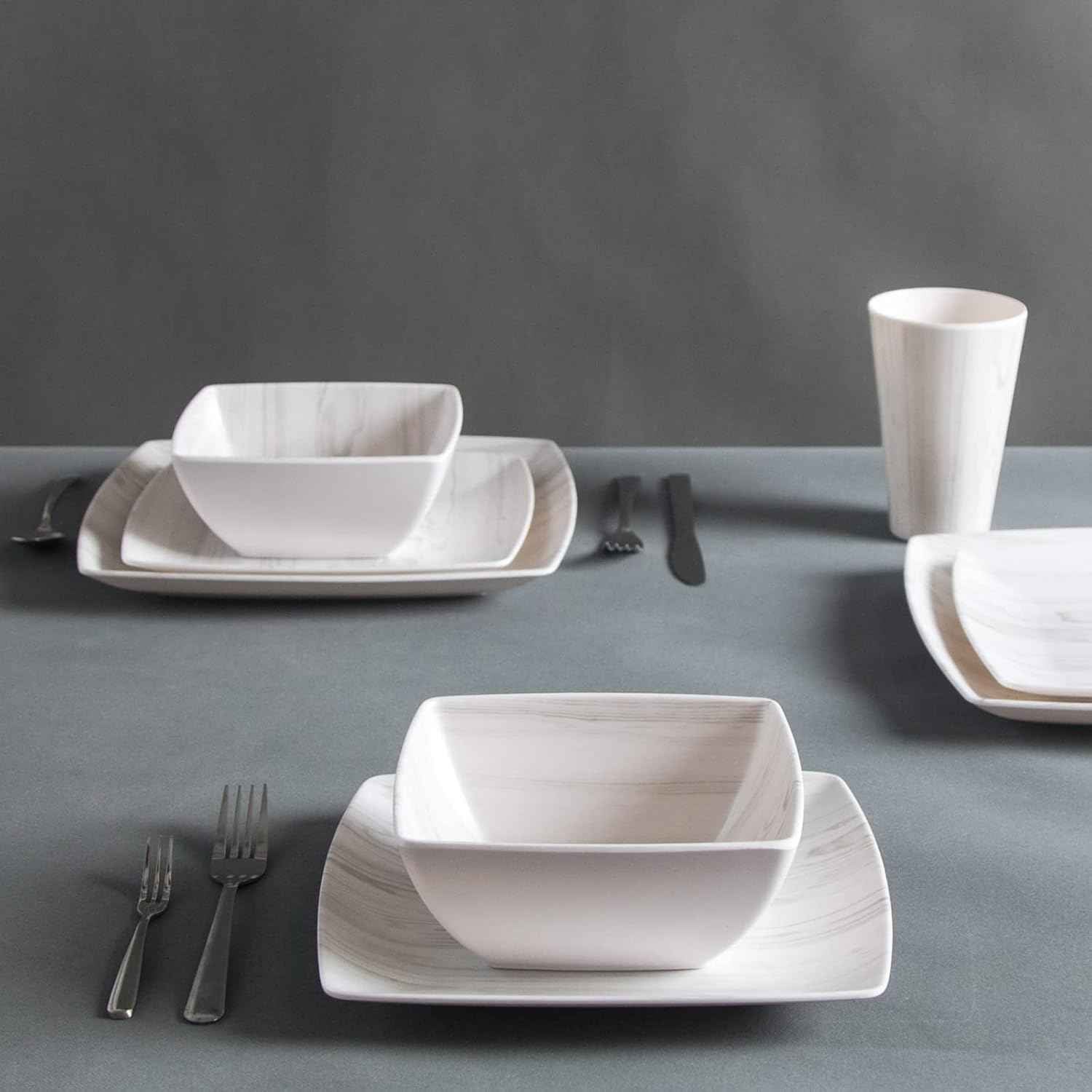 Melamine Dinnerware Set 16Pcs Wood-looking - Dish Dishware Square Mugs Tumbler Wood Grain Woodland Plastic Outdoor Plates Bowls Durable Service for 4
