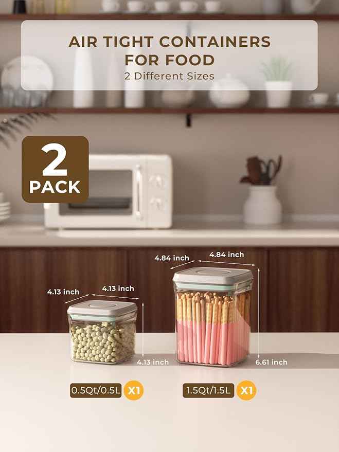Airtight Food Storage Containers with Lids, Pop Top Kitchen Pantry Organizers and Storage, BPA-Free Clear Plastic Canisters for Cereal, Flour, Sugar, Rice, and Baking Supplies, 1.5Qt & 0.5Qt