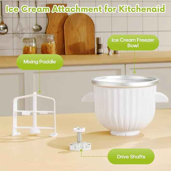 Ice Cream Maker Attachment for KitchenAid Stand Mixer, Compatible with 4.5/5Qt & Larger KitchenAid Stand Mixer, 2 Quart Frozen Ice Cream Bowl, Yogurt & Sorbet Gelato, White