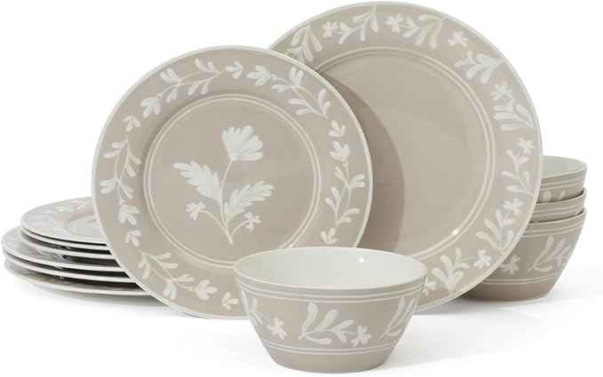 Martha Stewart Dinnerware Set - Maiden Crown 12-Piece Dish Set, Taupe – New Bone China Ceramic Plates & Bowls – Floral Design – Service for 4 – Microwave & Dishwasher Safe
