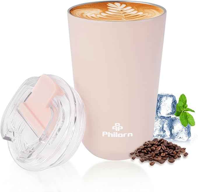 PHILORN Pink Coffee Tumbler - 12 OZ Insulated Coffee Mug With Lid, Leak Proof Thermo Cup for Hot and Iced Drinks, Stainless Steel Vacuum Pink Cup with Double Wall